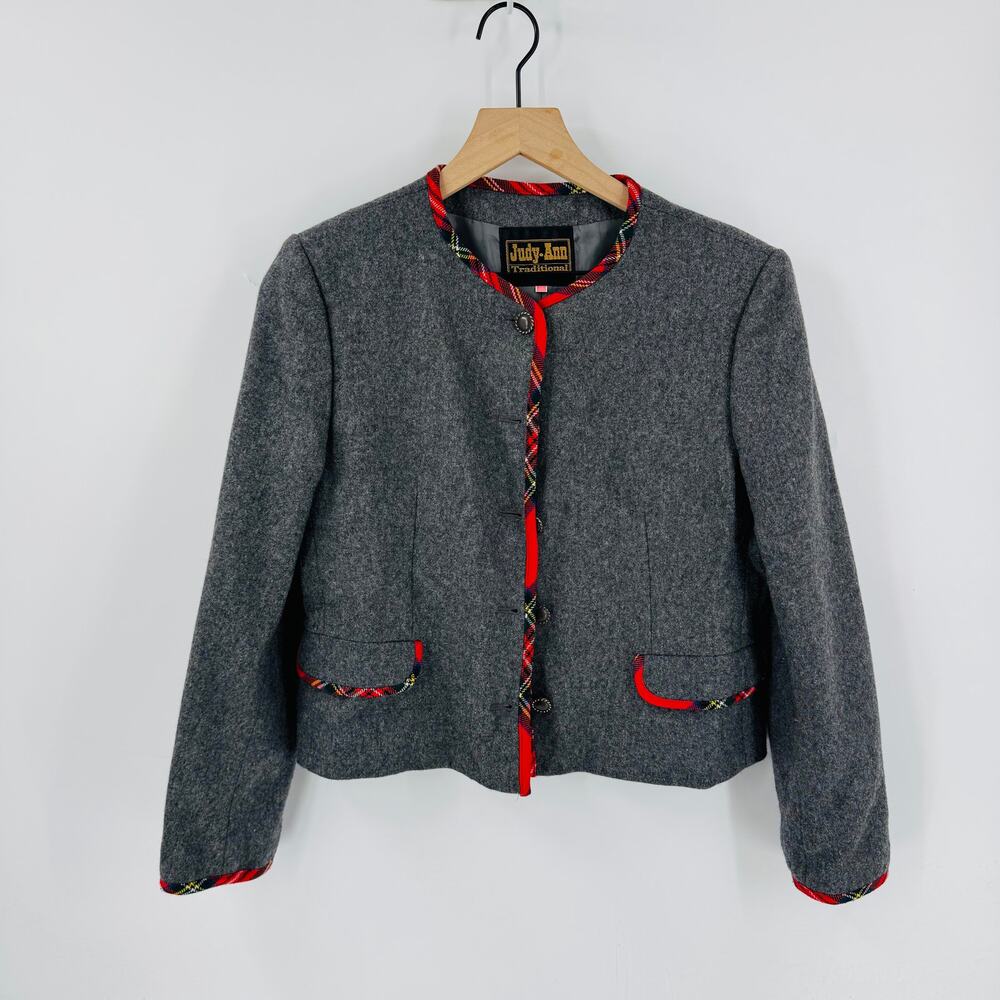 Vintage‎ Judy-Ann Gray Wool Plaid Trim Christmas Blazer Holiday Jacket